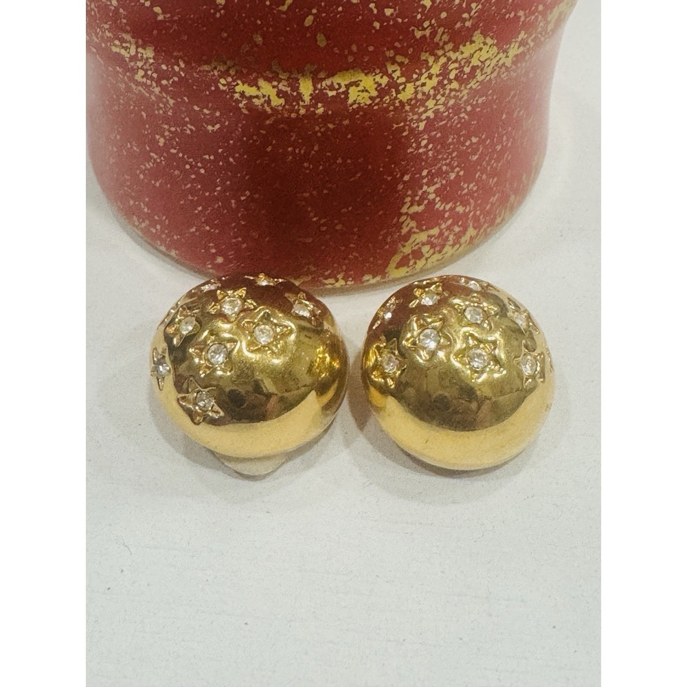 Swarovski Gold Tone Dome Clip On Earrings Star Crystal Swan Signed